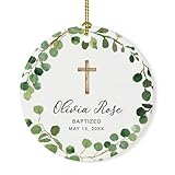 Andaz Press Personalized Baptism Ornament 2025, Round Ceramic Porcelain Baptism Christmas Ornament, Olivia Rose Carter Baptized May 1, 2025, Farmhouse Eucalyptus Wreath, 1-Pack Custom
