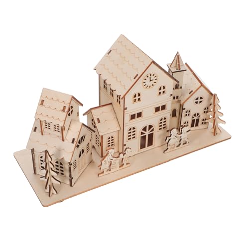 Alipis Decoración de Madera para Navidad Casa de Pueblo sin Pintar de Boj Natural Adorno Compacto para Escritorio Oficina y Hogar Fiestas Navideñas