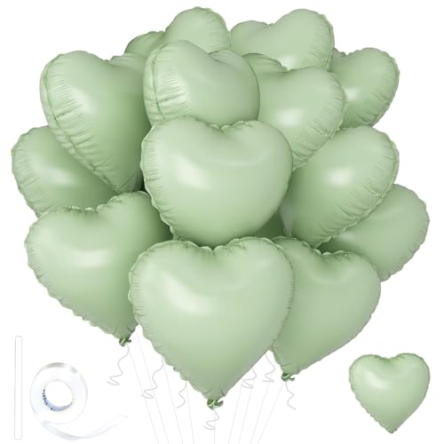 Image of Green Heart Ballloons,18 Inch Pastel Green Foil Love Heart Shaped Balloons 12Pcs Light Green love balloon for Anniversary Birthday Party Baby Shower Valentines Day Decorations