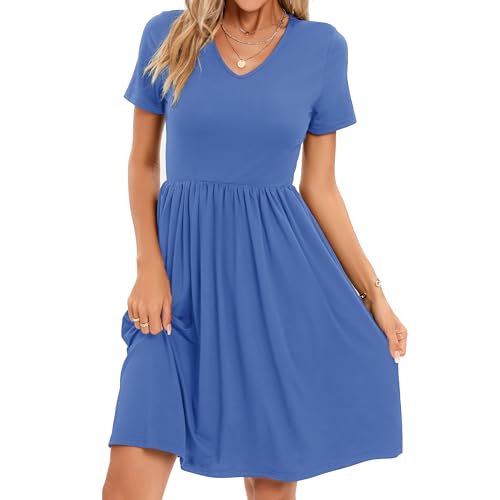 Image of Women's Spring Casual Short Sleeve A-Line Midi Loose Fit Teacher Dresses T-Shirt Flowy Work Travel Sundress with Pockets 2026