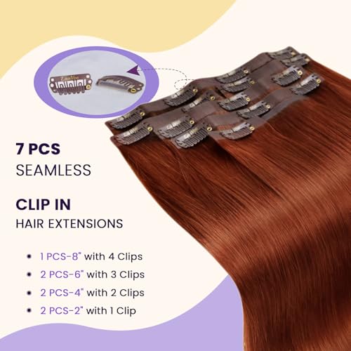 Image of LaaVoo Seamless Clip in Hair Extensions Real Human Hair Auburn 20inch Clip in Hair Extensions PU Weft Invisible Seamless Clip ins Hair Extension Human Hair Full Head 7pcs /140g