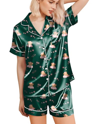 Image of Ekouaer Silk Pajamas for Women Funny Teddy Sleepwear Comfy Short Sleeve Button Down Loungewear Satin Pjs Shorts Set,Dark Green,M