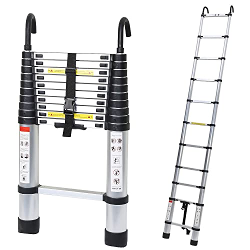 Sonnewelt Escalera telescópica de 3,2 m con 2 ganchos extraíbles, escalera de aluminio antideslizante, 150 kg/330 libras de carga, escalera extensible, escalera de aluminio con asa de transporte Cover