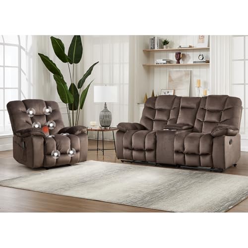 Image of HAOMARKETS 2-Piece Recliner Sofa Set, Include Single Power Recliner Chair with Massage & Heat and Manual 2-Seater Loveseat Reclining Couch with Hidden Storage and Cup Holders for Living Room, Brown