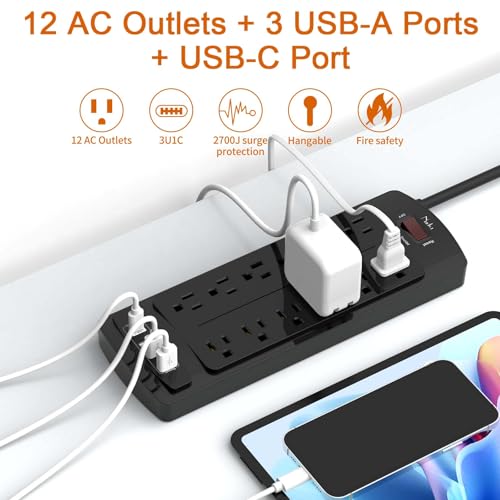 Image of Surge Protector Power Strip, Nuetsa 12 Outlets and 4 USB Ports, 6 Feet Extension Cord for Home, Office, Dorm Essentials, 2700 Joules, ETL Listed, Black
