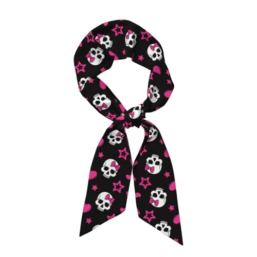 TINUADEE Pink Heart And Skull Print Hearts And Skulls Goth Silk Scarf For Women Lightweight Fashion Neck Silk Satin Scarves For Sleeping Handbags Scarf