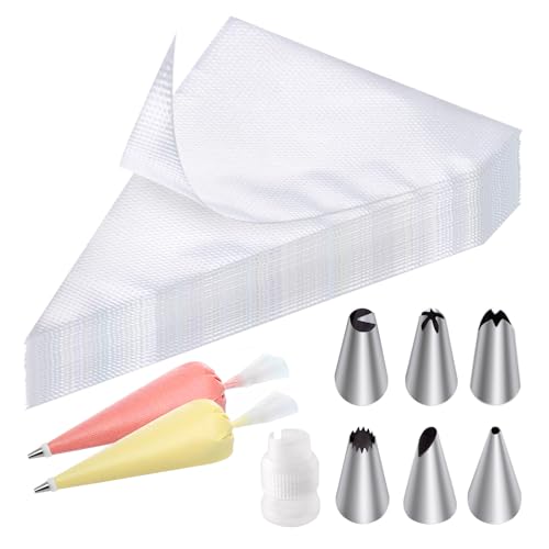 soodyoow Spritztüte Set, Einweg Spritzbeutel, 100 Stück Piping Bags+6 Spritztüllen+1 Kuchen Kupplung für Spritztüllen, Profi-Spritzbeutel für Dekorieren Von Gebäck, Torten Geeignet, Keksen, Cupcakes