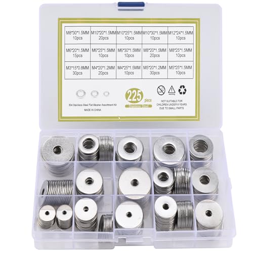 Toolly Grandes rondelles Penny Fender, 225 Pièces 15 Tailles 304 Set de rondelles plates en acier inoxydable -M3 M4 M5 M6 M8 M10 M12