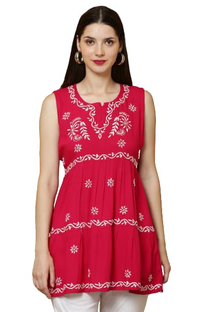 Image of FAWOMENT Women's Ethnic Fashionable Stylish Rayon Sleeveless 2 Layer Short Top With Fine Hand Embroidered Chikankari