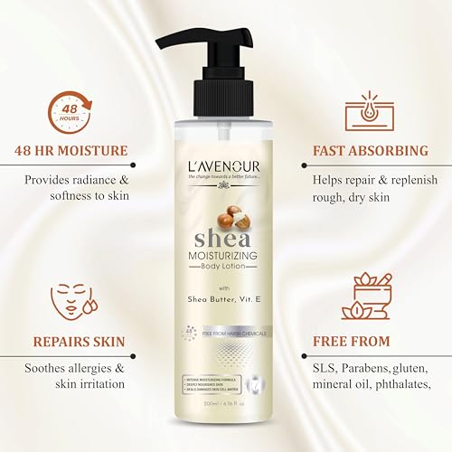 Image of L'avenour Shea Moisturizing Body Lotion for Dry Skin, Smooth & Glowing Skin, SLS & Paraben Free, Non-Greasy Moisturizer For Men & Women - 200ml, Pack of 3
