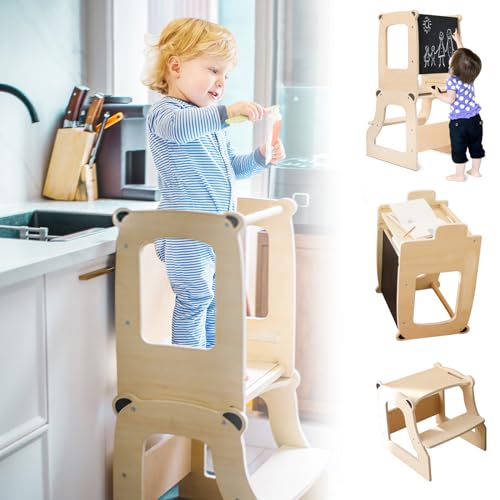 let's make Anti-Kipp Lernturm ab 1 Jahr Klappbar 4 in 1 Abnehmbarer Montessori Lernturm Tritthocker mit Tafel Für Kinder, für Küche Tisch Bad
