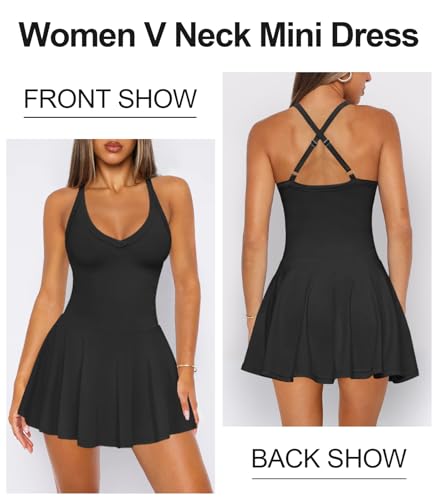 Women's V Neck Tennis Athletic Golf Mini Dress for Women Summer Workout Active Pleated Dresses with Shorts Pockets2