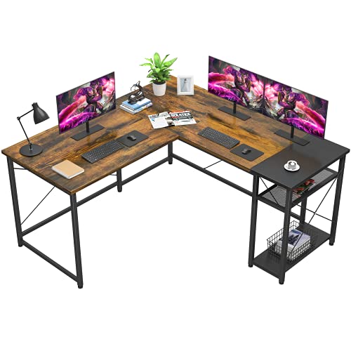 Foxemart L-Shaped Computer Desk, Industrial Corner Desk Writing Study Table with Storage Shelves, Space-Saving, Large Gaming Desk 2 Person Table for Home Office Workstation, Rustic Brown Black