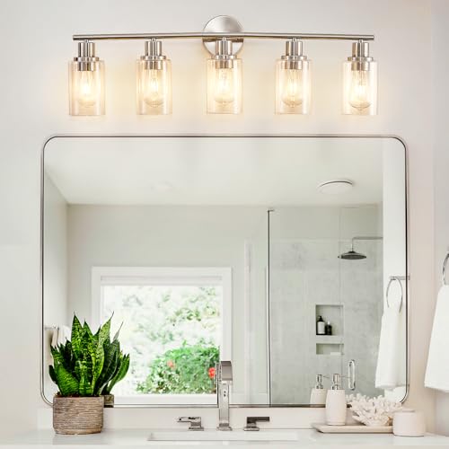 Image of DLLT 5-Light Bathroom Light Fixtures: Nickel Modern Vanity Lights with E26 Bulbs - Clear Glass Shade Bathroom Wall Lamp for Mirror Kitchen Living Room Hallway Cabinet Porch