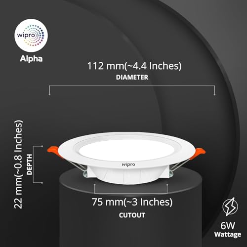 Image of Wipro Alpha 6W CCT LED Panel Light,3-in-1 Color Changing (Warm /Neutral /Cool White)|3-inch Cutout |4kV Surge & 440V High Voltage Protection |JB Recessed Downlight for False Ceiling,Home,Office|Pck of 1