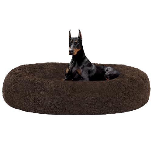 HMTOPE Orthopädisches Hundebett rund Hundekissen Hundesofa Katzenbett Donut Kuscheliges Hundekorb Waschbar, 120 cm Ø, Braun