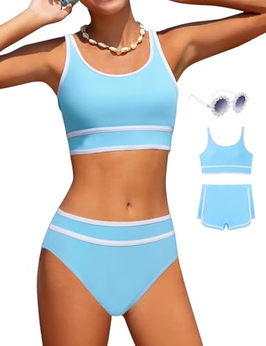 Image of Girls Swimsuits 3 Piece Bathing Suit Bikini Set with Sporty Shorts and Sunglasses Beach Swimwear for Girl 8-15 Years