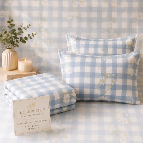 Image of THE HOME STYLE Cotton Feel Glace Cotton Elastic Fitted Printed Queen Size Double Bed Bedsheet with 2 Pillow Cover Fits Upto 8 Inches Mattress (60 inchx78 inch, Daisy Check)