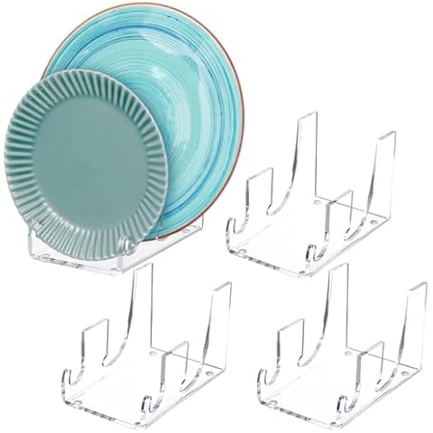 Yoande 4 Pcs Plate Dinnerware Display Stand Acrylic Clear Plate Stand China Platters Plate Holder Setting Plate Racks for Kitchenware Display Plates Cabinet Organizer (2 Tier) Cover