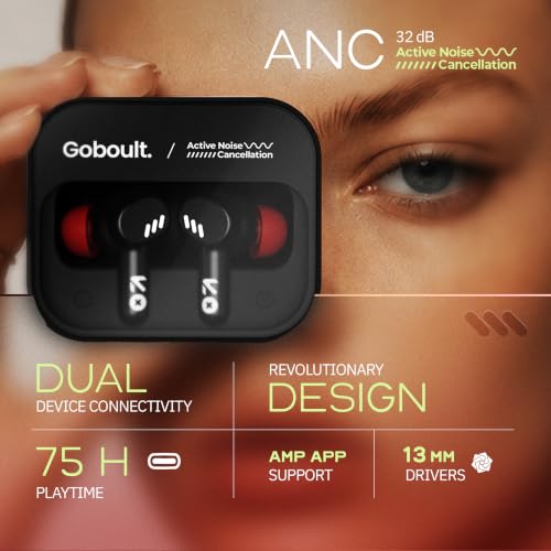 Image of GOBOULT Tenet Pro with ANC TWS Earbuds, 75H Playtime, Amp App Support, 32dB ANC, Quad Mic ENC, Dual Device Pairing, 13mm Driver Ear Buds, Bluetooth 6.0 Wireless Earbuds (Crimson Red)