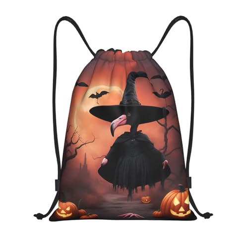 Halloween Flamingo Witch Hat print Drawstring Bag Sack Gym Bag Ditty Bag for Gym Traveling, Hiking, Yoga, Shopping for Adult