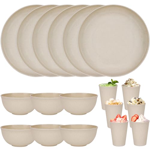 Service de table incassable pour 6 personnes, lot de 18 assiettes et bols pour adultes, assiettes en plastique réutilisables, tasses, bols pour fête,...