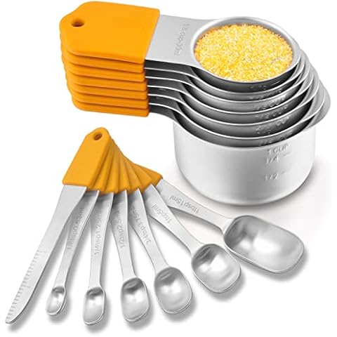 EDELIN Magnetic Measuring Cups and Spoons Set, Stainless Steel 7 cup and 6 spoon with 1 Leveler, 18/8 304 stainless steel ((Yellow 14 sets) Cover