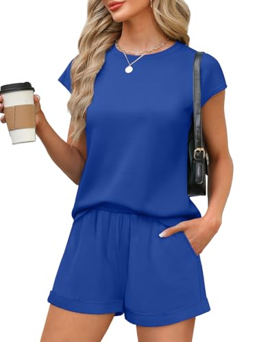 Image of WIHOLL 2 Piece Sets for Women Casual Summer Travel Vacation Outfits Cap Sleeve Shorts Lounge Set
