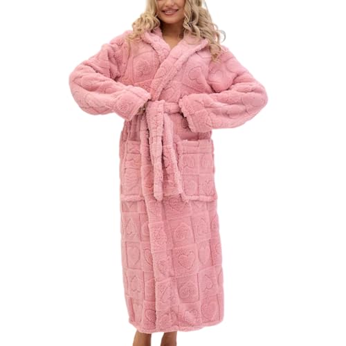 Hiseng Albornoz Mujer Bata Mujer Invierno, Jacquard Batas de Casa de Polar Coral Larga Suave Grueso con Bolsillos y Cinturón Albornoz de Baño Unisex con Capucha Cálido (Rosa,L)