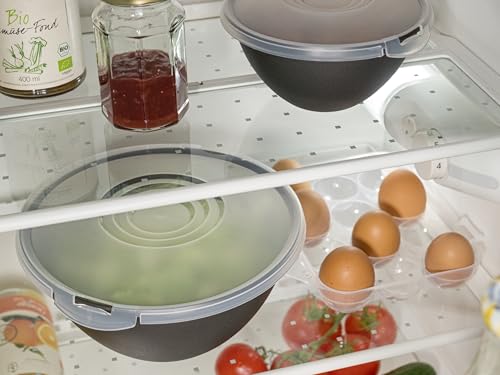 Foto von Hausfelder Salatschüssel Set groß mit Deckel 4er Set, 0,7L/1,9L/3,6L/6L, Schüsselset aus Kunststoff stapelbar, BPA-frei in Anthrazit Schwarz für Camping und Küche