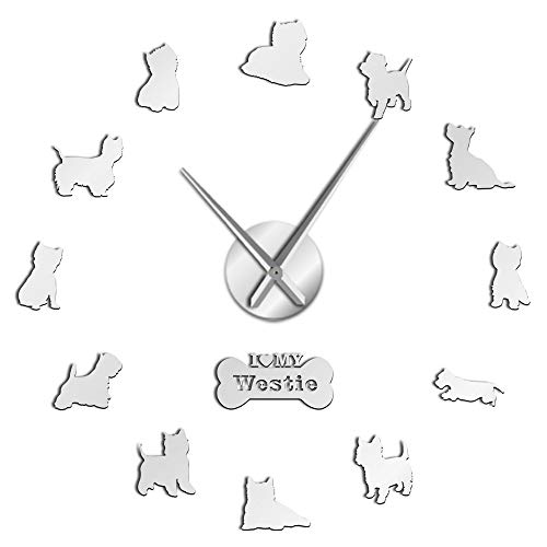 VCS West Highland White Terrier DIY Giant Wall Clock Mirror Effect Arylic Wall Art Pet Dog I Love My Westie Long Hands Large Wall Clock(Silver,27in)
