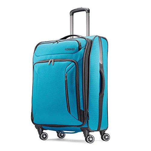 American Tourister Zoom Softside Luggage with Spinner Wheels, Teal Blue, Checked-Medium 25-Inch