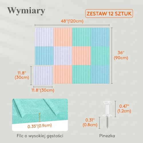 Lifewit 90 x 60 cm filcowa tablica do przypinania, samoprzylepna, 12 sztuk, korkowa alternatywa, dekoracyjna tablica do przypinania, 50 sztuk pinów do przypinania, do biura, kuchni, pokoju dziecięcego