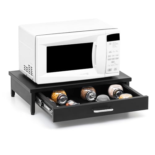 Image of Livzing Metal Microwave Oven Stand with Drawer - OTG Corner Shelf Tabletop Oven Rack Storage Cabinet Multifunctional Dish Rack Toaster Organizer Powder Coated Finish Utility - Black