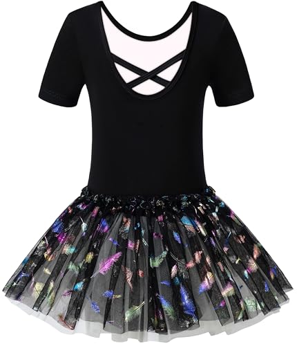 Mulnall Ballet de Niñas tutú Leotardo Baila Vestido de Manga Larga Cruzado Ropa de Ballet Manga Corta Cuerpo de Baile con Falda tutú(infantil/niña/niña grande)(6066-06-S)