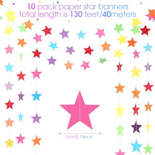 Image of Patelai 130 Feet Glitter Star Garland Banner 2026 Party Decoration Double Side Star Hanging String Streamer Paper Twinkle for Graduation Wedding Birthday (Rainbow)