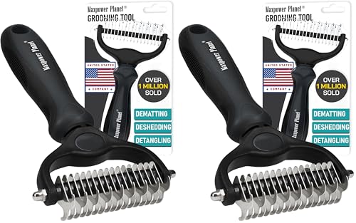Image of Maxpower Planet Hair Brush - Double Sided Shedding, Dematting Undercoat Rake for Dogs and Cats, Extra Wide Dog Grooming Brush, Reduce Shedding by 95%, Black (Pack of 2)