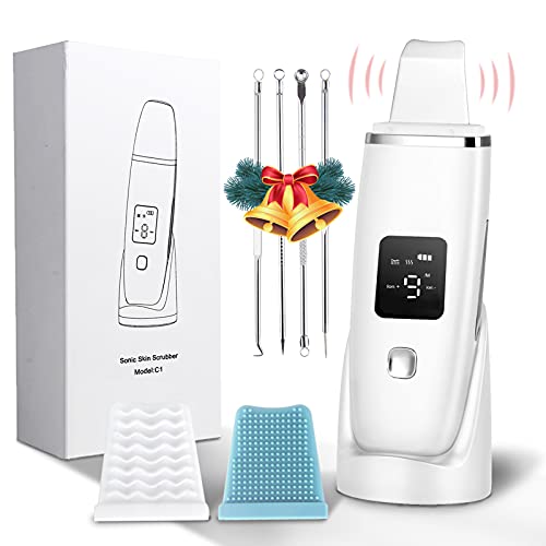 Ultrasonic Skin Scrubber Face Spatula, Blackhead Remover Pore Cleaner with 4 Modes, Comedone Extractor Facial Lifting Scraper Tool Set of 9, Plasma Pen for Deep Cleansing for Women Men