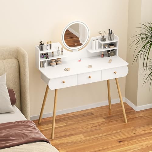 Wilitto Escritorio de tocador con espejo, escritorio de maquillaje con luz LED y espejo, mesa de tocador con 4 cajones y estantes de apertura, 3 modos de brillo ajustable para dormitorio, color blanco