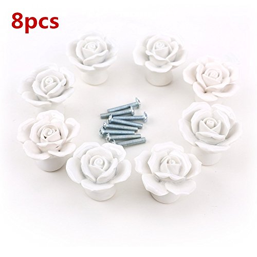 8 pomos de cerámica para puerta de armario, cajón, puerta, armario, armario, con diseño de flores, estilo vintage blanco