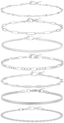 Reoxvo Dainty Bracelets for Women，Sterling Silver Plated Link Chain Charm Bracelet Set for Women Stack 14K Gold Plated Link Bracelets Jewelry for Women