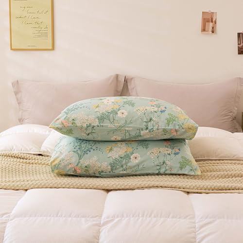 Image of ECOCOTT Sage Green Floral King Standard Size Set of 2, 100% Washed Cotton Pillow Cases with Envelope Closure, Botanical Wildflower Printed Pillow Covers 20 inchX36 inch