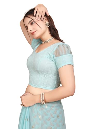 Image of SFT Women's Organza Patch Readymade Saree Blouse with Round Neck Half Sleeves Abstract Pattern Pull On Closure Regular Fit and Standard Length