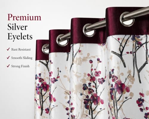 Image of 9 Feet Polyester Floral Light Filtering Long Door Curtains for Bedroom, Living Room & Hall, Eyelet Top, Wine Print Curtain Set of 2