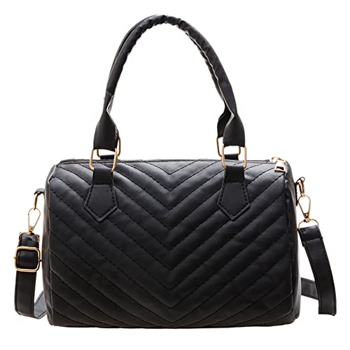 SoeHong Damen Umhängetasche aus gestepptem PU-Leder mit Reißverschluss, Mini-Kette, Schwarz Cover