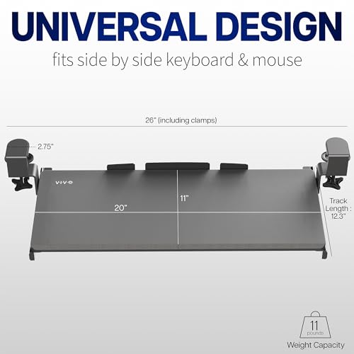 Image of VIVO Small Keyboard Tray, Under Desk Pull Out with Extra Sturdy C Clamp Mount System, 20 (26 Including Clamps) x 11 inch Slide-Out Computer Platform Drawer, White, MOUNT-KB05ES-W | Keyboard Tray for Typing, Slide Out Platform, Extra Sturdy C-Clamp Mount System, Computer Drawer, White Frame