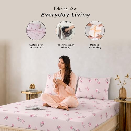 Image of King Size Elastic Fitted Bedsheet, 100% Pure Cotton King Size Fitted Bedsheet for Double Bed with 2 Pillow Covers, 240 TC, 72x78 Inches up to 8-inch Mattress, Floral (Blush Bloom)
