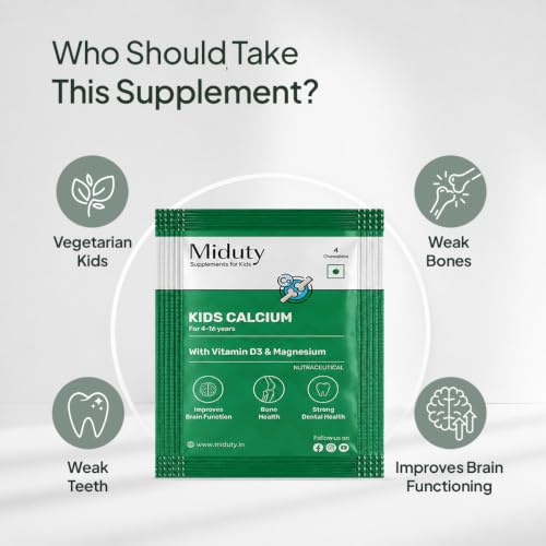 Image of Miduty Kids Calcium - Vitamin D3, K2 & Magnesium - Chewables - Strong Bones & Teeth - Mint-Flavored, Sugar-Free Calcium Supplement for Active & Picky Eaters - 4 Chewables