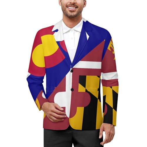 Colorado State Maryland Flag Men's Slim Suit Long-Sleeve Prom Tuxedo Classic Two Button Business Jacket