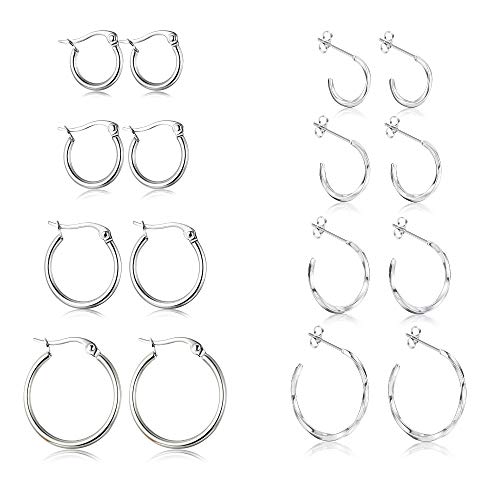 ORAZIO 8 Pairs Stainless Steel Hoop Earrings Set Post Half Open Hoop Earrings for Women Small Cute Huggie Earrings,10MM-20MM